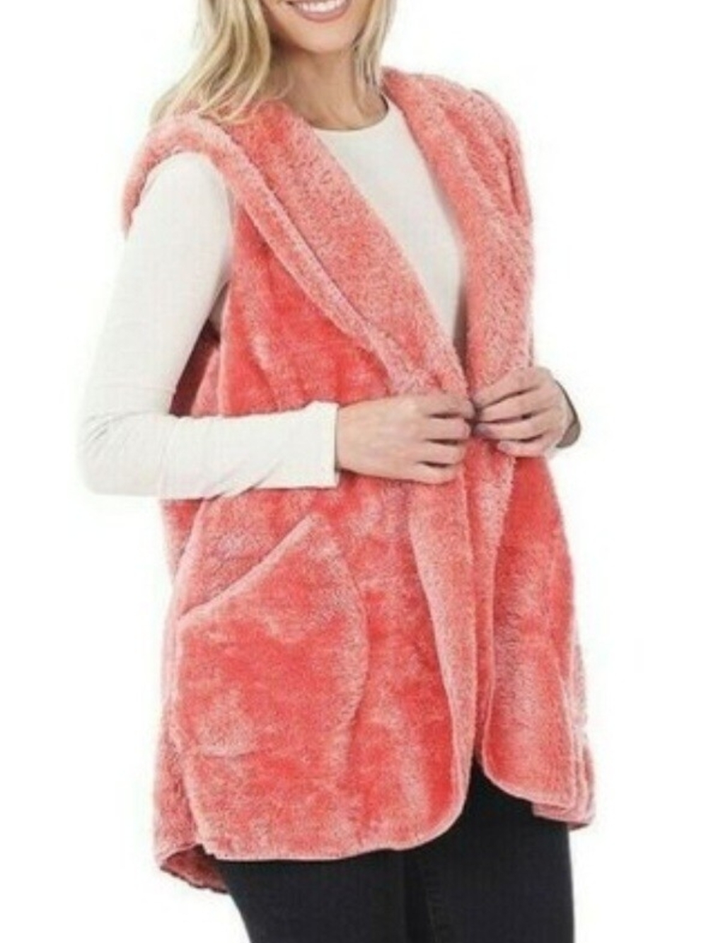Zenana Outfitters Pink Faux Fur Sherpa Hooded Cocoon Vest Size M Coquette Boho